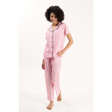 Yeni İnci Gömlek Yaka Çizgili Pembe Kadın Pijama Takımı