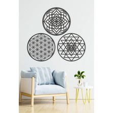 UNT Ahşap Yaşam Çiçeği Sri Yantra ve Mandala  Üçlü Dekoratif Tablo Duvar Süsü