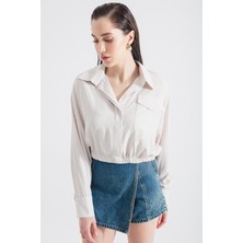 Lafaba Kadın Bej Çizgili Uzun Kol Gömlek