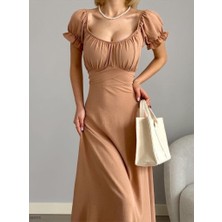 Merlavin Kadın U Yaka Sırt Fermuar Kuşak Detaylı Ayrobin Kumaş Elbise (Renkli)