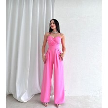 Durush Butik Kadın Tulum Elbise Krep Saten Kumaş Askılı Kruvaze Yaka Geniş Paça