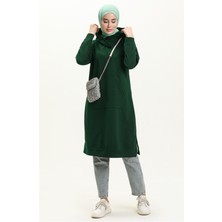 Bwest Aysima Yaka Detaylı Kapşonlu Sade Basic Sweatshirt - 03032.032 - Zümrüt
