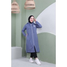 Bwest Yazı Baskılı Fermuarlı Kapşonlu Uzun Sweat - 03081.006 - Indigo
