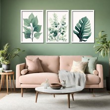 Gaagart 3'lü Ahşap Lamine Çerçeveli Mdf Tablo Pastel Yeşil Yapraklar
