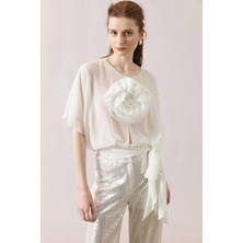 ROMAN Gül Motifli Belden Bağlamalı Yarasa Kol Şifon Bluz Beyaz Y2413035_002