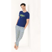 Yeni İnci Lacivert Viskon Yuvarlak Yaka Erkek Pijama Takımı