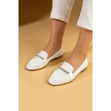 Pembe Potin Taş Detaylı Deri Görünümlü Lazer Kesim Kadın Babet 64-640-24