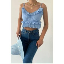 Melek Kostak Kadın Bebe Mavi Askılı Fırfırlı Sırt Gipeli Crop Bluz