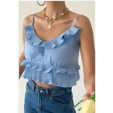 Melek Kostak Kadın Bebe Mavi Askılı Fırfırlı Sırt Gipeli Crop Bluz