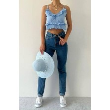 Melek Kostak Kadın Bebe Mavi Askılı Fırfırlı Sırt Gipeli Crop Bluz