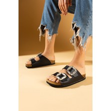 Pembe Potin Kadın Terlik Taş Tokalı Mantar Taban Konforlu Yazlık Günlük Kullanım İçin