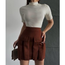 EKE TEKSTİL Kadın Acı Kahve Kargo Cep Detaylı Pileli Mini Etek