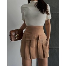 EKE TEKSTİL Kadın Camel Kargo Cep Detaylı Pileli Mini Etek