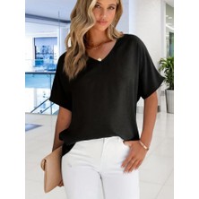 Stock Mount Kadın Kısa Kollu V Yaka Yarasa Kol Aerobin Bluz