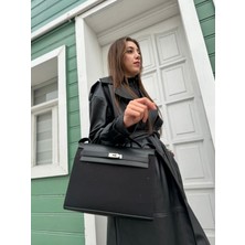 Zeyzey Butik Manu Kanvas Deri Detaylı Siyah Çanta