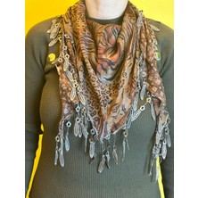 Gönülden Tasarım Çift Taraflı Desenli Püsküllü Dökümlü Kumaş Fular Bandana Şal 155X55 cm