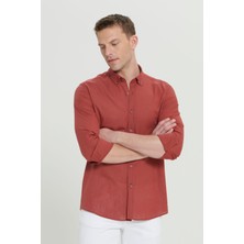 Altınyıldız Classics Erkek Bordo Slim Fit Dar Kesim Düğmeli Yaka Keten Görünümlü %100 Pamuk Flamlı Gömlek