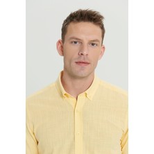 Altınyıldız Classics Erkek Sarı Slim Fit Dar Kesim Düğmeli Yaka Keten Görünümlü %100 Pamuk Flamlı Gömlek