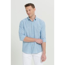 Altınyıldız Classics Erkek Yeşil Slim Fit Dar Kesim Gizli Düğmeli Yaka Keten Görünümlü %100 Pamuk Flamlı Gömlek