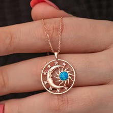 Gumush Gümüş Rose Opal Mavi Taşlı Ay Güneş Kadın Kolye