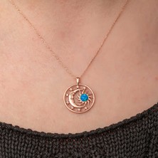 Gumush Gümüş Rose Opal Mavi Taşlı Ay Güneş Kadın Kolye