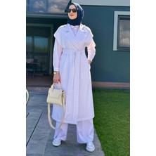 Rabia Şamlı Apoletli Çizgili Takım Beyaz