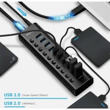 RSHTECH Alüminyum 5 Gbps 10 Port USB 3.0 Data  Hub 12W 3A Power Adaptör Çevirici Dönüştürücü 10 Girişli