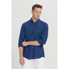 Altınyıldız Classics Erkek Indigo Comfort Fit Rahat Kesim Düğmeli Yaka Casual Keten Gömlek