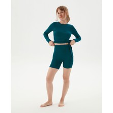 Ayma Active Petrol Uzun Kollu Sırt Dekolteli Drape Detaylı Crop Bluz
