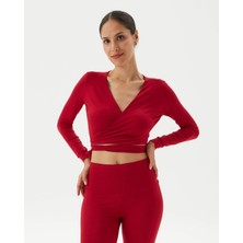 Ayma Active Kadın Kırmızı Anvelop Wrap Crop -EcoVero Viskoz, Belden Bağlamalı, Vücuda Oturan, Kruvaze Tasarım, Kısa Crop Boy, Yoga, Pilates, Spor ve Günlük Aktiviteler İçin Rahat Bluz