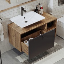 Roomart Lavabolu Mdf 95 cm Lotus Çekmeceli Banyo Dolabı + Aynalı Üst Dolabı + Banyo Boy Dolabı