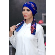 Hürrem Bone Saks Mavisi Pratik Hazır Geçmeli Tesettür Bone Sandy Kumaş Desenli Şifon Kemerli 1305D_24