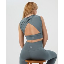 Ayma Active Mavi Gri Sırt Dekolteli Drape Detaylı Crop Sırt Pencereli Büstiyer
