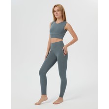 Ayma Active Mavi Gri Sırt Dekolteli Drape Detaylı Crop Sırt Pencereli Büstiyer