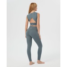 Ayma Active Mavi Gri Sırt Dekolteli Drape Detaylı Crop Sırt Pencereli Büstiyer