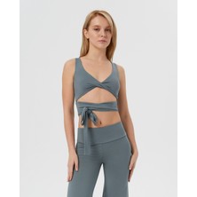 Ayma Active Mavi Gri EcoVero Viskoz, Kadın Önü Burgulu Belden Bağlamalı Göğüs Pedli Spor Pilates Yoga Büstiyer