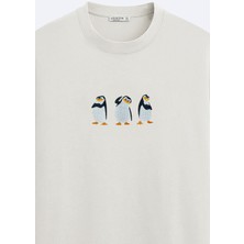 Loss Buttom Ağır Kumaş Penguin Nakışlı Oversize T-Shirt