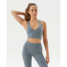 Ayma Active Mavi Organik Pamuk Dekolteli Göğüs Pedli Çapraz Askılı Crop Halter Büstiyer
