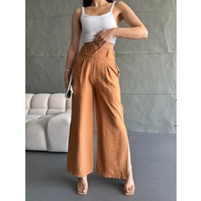 EKE TEKSTİL Kadın Camel Keten Paçaları Yırtmaçlı Pantolon