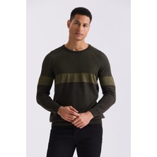 Jakamen Haki Slim Fit Bisiklet Yaka Çizgi Desenli Triko Kazak