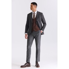 Jakamen Antrasit Slim Fit Sivri Yaka Çizgili Kombinli Yelekli Takım Elbise