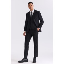 Jakamen Siyah Slim Fit Sivri Yaka Yelekli Yünlü Takım Elbise