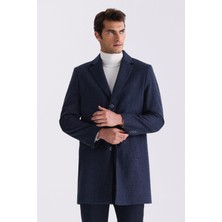 Jakamen Lacivert Comfort Fit Mono Yaka Desenli Kareli Kaşe Kaban