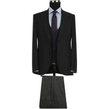 Jakamen Lacivert Slim Fit Sivri Yaka Çizgili Kombinli Yelekli Takım Elbise