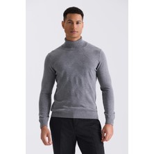 Jakamen Gri Slim Fit Tam Balıkçı Yaka Desenli Triko Kazak