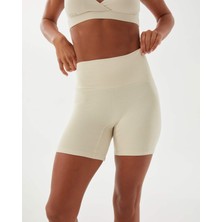 Ayma Active Kadın Krem Viskoz Şort - EcoVero Viskoz Yüksek Bel, Önü Dikişsiz, Çift Kat Kumaş, Yoga Pilates Biker Şort