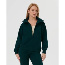 Ayma Active Kadın Koyu Yeşil Dik Yaka Sweatshirt - Yarı Fermuarlı Sweat, Uzun Kollu, Sertifikalı Organik Pamuk, Nefes Alan Kumaş, Günlük ve Spor Eşofman Üstü