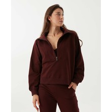 Ayma Active Kadın Bordo Kahverengi  Dik Yaka Sweatshirt - Yarı Fermuarlı Sweat, Uzun Kollu, Sertifikalı Organik Pamuk, Nefes Alan Kumaş, Günlük ve Spor Eşofman Üstü