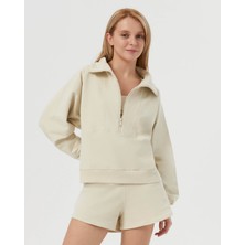 Ayma Active Kadın Bej Krem Dik Yaka Sweatshirt - Yarı Fermuarlı Sweat, Uzun Kollu, Sertifikalı Organik Pamuk, Nefes Alan Kumaş, Günlük ve Spor Eşofman Üstü