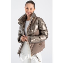 Lebeni Kadın Şişme Kış ve Kayak Montu Gizli Kapüşonlu Parlak ve Mat Kumaş Puffer